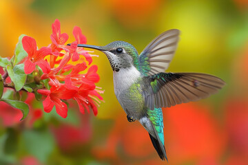 Fototapeta premium Hummingbird in flight over a flower.