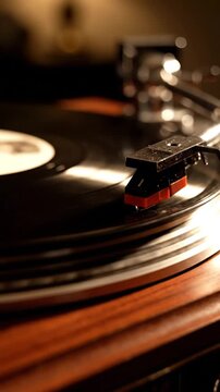 A close-up of a record player playing a vinyl record on a wooden turntable in a dimly lit room with soft background lighting, possibly for music or nostalgia themed use