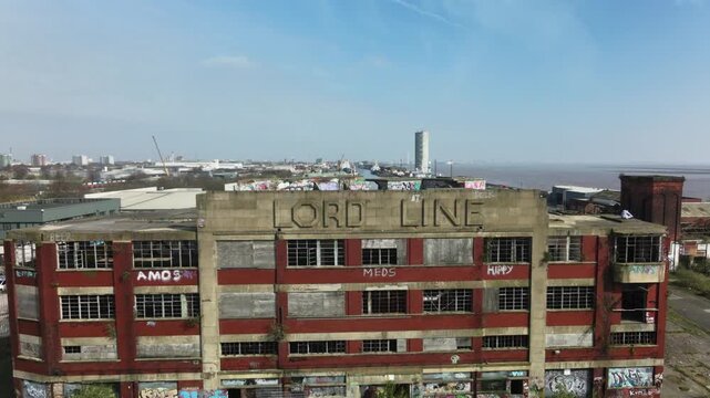 Aerial Video Lord Line Building Humber UK. Lord Line Historical Building stands as a prominent and gritty icon on Hull's historic St Andrew's Dock, 