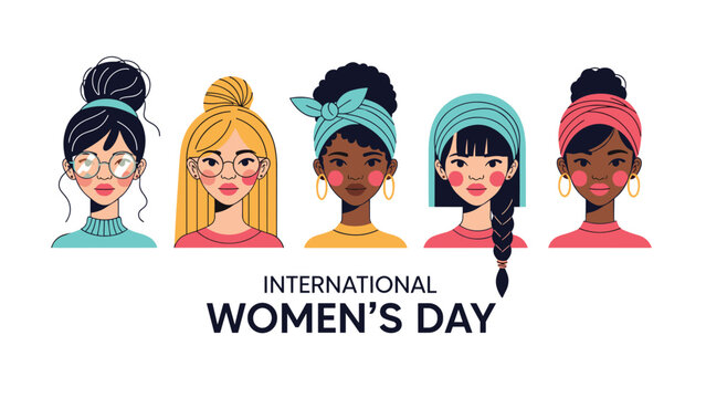 Diverse group of women from different cultures and ethnicities celebrating international womens day in a flat vector style.