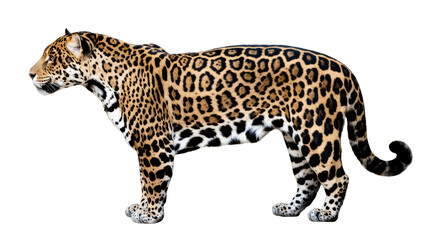 Elegant wild jaguar with distinctive rosette spots standing poised, powerful big cat. © Eustace