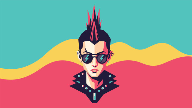 Stylish pixel art character featuring a bold mohawk hairstyle and sunglasses wearing a studded jacket against a wavy background.