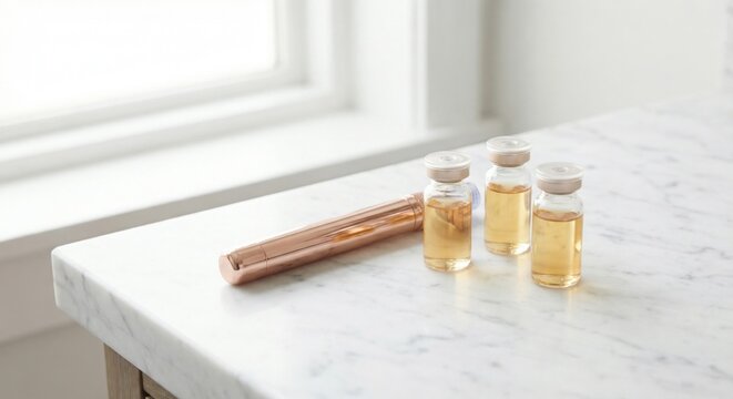 Rose gold micro-needling pen and serum ampoules on marble