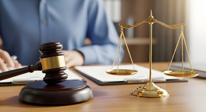 Justice concept with scales of justice and a gavel on a desk