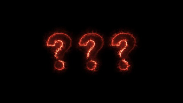 Flaming question marks burning with bright red and yellow fire on black background symbolizing uncertainty symbol question mark.4k video animation.
