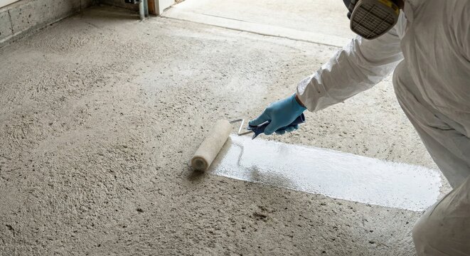 Worker applying epoxy primer to concrete garage floor