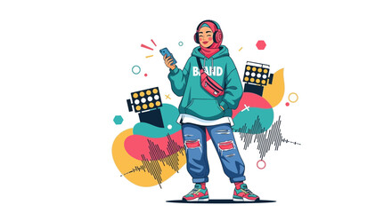 Fototapeta premium Young Muslim Woman in Hijab Listening Music on Phone, Modern Style