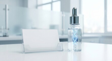 Naklejka premium Serum bottle with DNA helix and blank card in medical lab