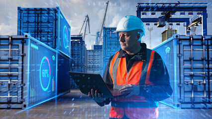 Naklejka na ściany i meble Port logistics, container terminal. Supervisor in helmet uses laptop to monitor cargo containers with digital data overlay, managing shipments, tracking inventory, or supply chain operations.