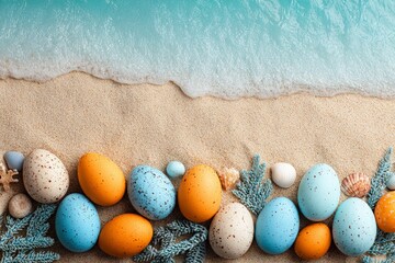 Seaside Easter Treasures: A delightful coastal scene captures the essence of Easter, with colorful eggs nestled on a sandy beach, touched by gentle ocean waves.