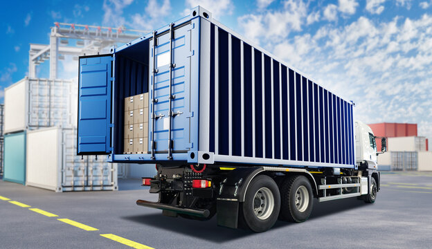 Freight transport, container logistics. Truck with shipping container loaded with boxes at cargo yard, handling delivery, distribution, intermodal transport, or warehouse supply operations.