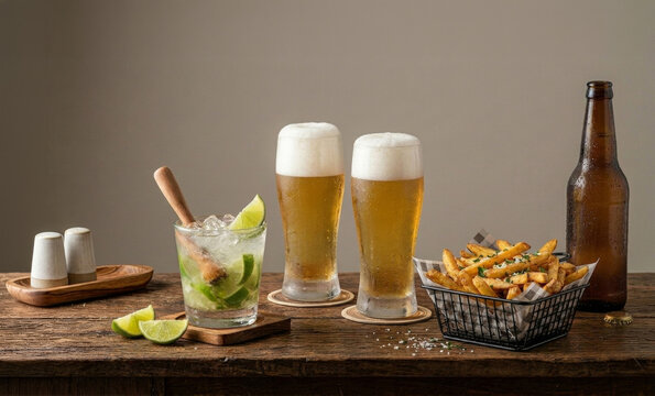 Caipirinha refrescante com lim&atilde;o, copos de cerveja gelada com espuma e batata frita crocante em mesa de madeira r&uacute;stica