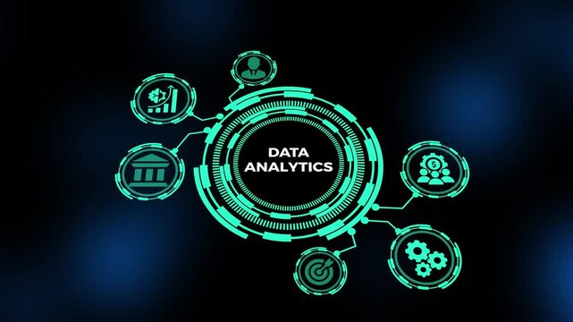 Data analytics concept featuring digital dashboard interface, real time insights visualization, and advanced data processing system.