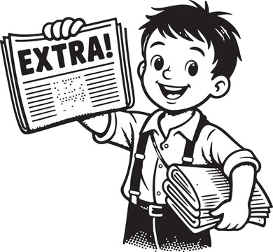 Newsboy Holding Newspaper &ndash; Black and White Retro Clipart - Vintage Paperboy Shouting Extra &ndash; Classic Cartoon Character Vector