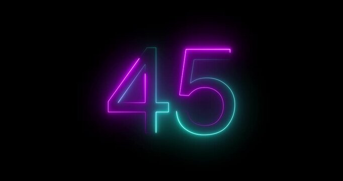 Glowing neon 45 text number animation on black background. Bright neon 45 number symbol. glowing neon number animation concept	