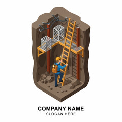 Isometric view of a construction worker climbing a ladder into an excavation site with safety cages and electrical wires. © Bunga