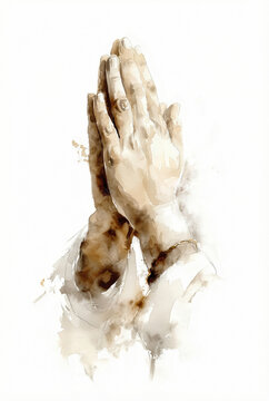 A watercolor illustration of hands folded in prayer on a white background. A spiritual Christian image symbolizing faith, prayer, hope, humility, and inner peace.