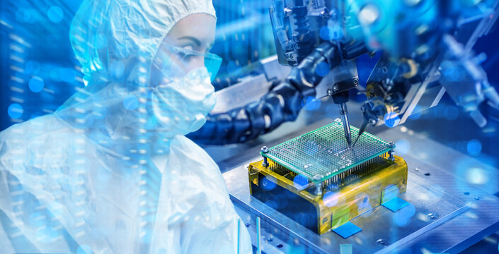 Electronics manufacturing, semiconductor production. Technician in cleanroom suit monitors robotic soldering of circuit board, ensuring precision assembly and quality in high tech facility.