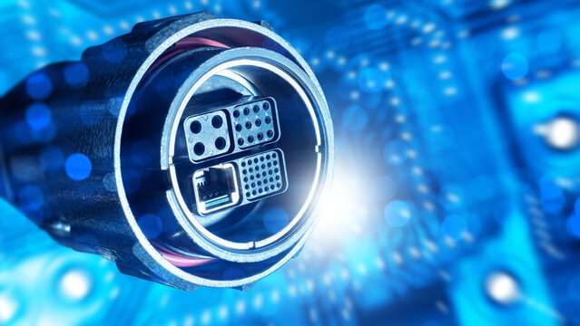 Industrial electronics, connectivity engineering. Multi-pin circular connector for data and power transmission used in automation systems, robotics and high tech equipment.