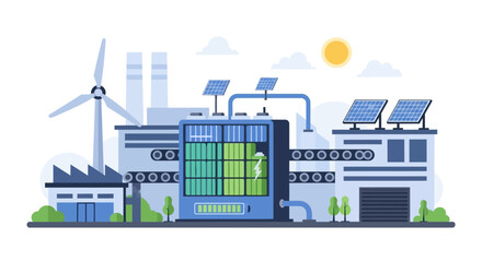 Fototapeta premium Sustainable Energy Plant with Wind, Solar Power & Battery Storage. Green Industry and Eco-Friendly Technology Illustration.