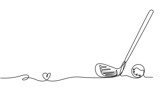 golf club flat continuous one line drawing animation, golf club flat continuous one line drawing video, Self drawing animation of single line draw crossed golf clubs, ball. Golf equipment logo in flat