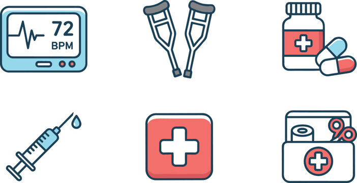 Medical healthcare icons set including heart rate monitor crutches pills syringe first aid kit and medical bag.