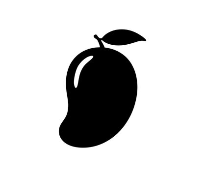 A black silhouette of a mango with a leaf on a white background