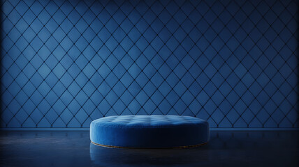 Fototapeta premium Luxury Blue Podium for Product Display with Quilted Velvet Wall Background and Elegant Studio Lighting