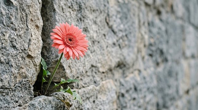 Pink gerbera flower growing from stone wall against natural background  