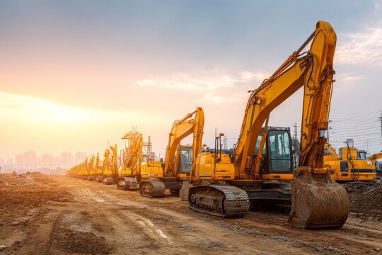 Heavy Machinery Array at Sunset: A row of industrial excavators stands ready under a vibrant sunset sky, embodying construction, engineering, and infrastructure development.