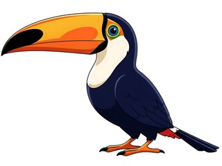 Fototapeta premium A colorful cartoon toucan standing on a plain background with an expressive beak