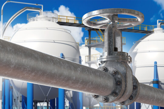 LNG storage infrastructure, Energy industry. Steel pipeline valve regulates liquefied natural gas flow at LNG terminal with cryogenic storage tanks and industrial platforms.
