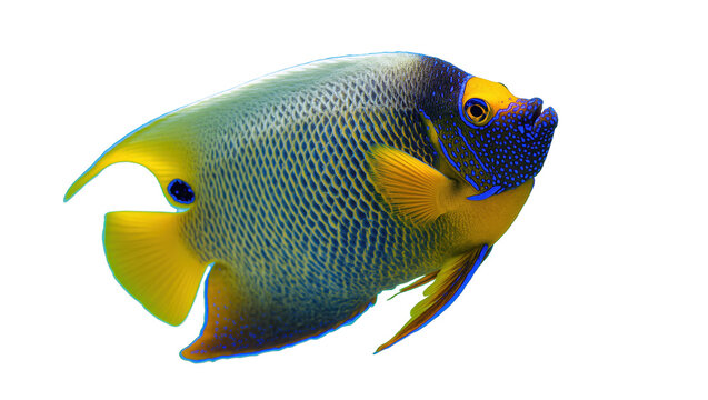 Colorful Queen Angelfish showcasing beautiful blue and yellow patterns, tropical marine animal