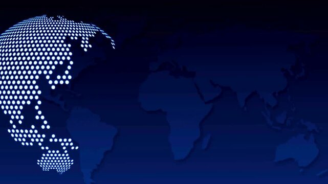 Blue dotted rotating globe. Global technology and news background, global earth rotating digital world news studio, connected dots for global data, led fiber rays, tech background.