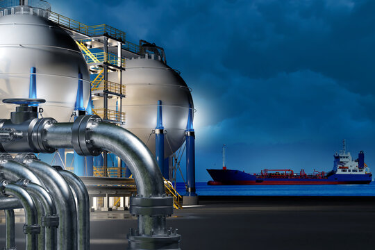 LNG terminal operations, Energy infrastructure. Liquefied natural gas storage tanks and pipeline systems operate at coastal LNG terminal with gas tanker supporting maritime export logistics.