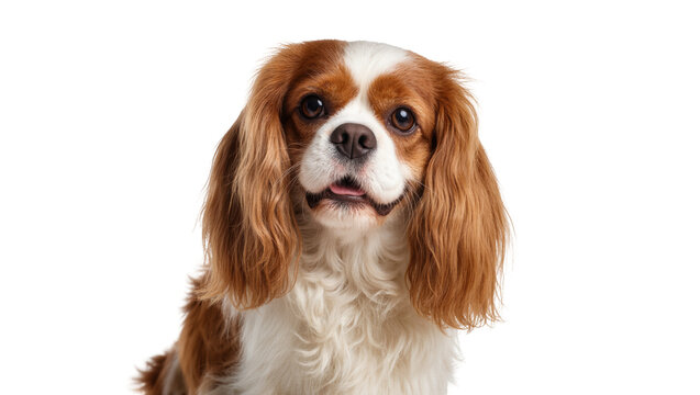 Adorable purebred Blenheim Cavalier King Charles Spaniel looking at camera with happy face