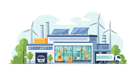 Naklejka premium Green Industrial Revolution: Sustainable Factory with Solar, Wind, and Robotic Automation for Eco-Friendly Production
