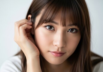 Fototapeta premium Portrait of a young asian woman with brown hair and bangs on white background