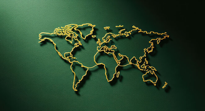 A gold map of the world on a green background