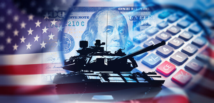 Defense spending, Military procurement. Tank silhouette over US flag, dollar bill and calculator, symbolizing armored forces funding, weapons acquisition costs and national security budget.
