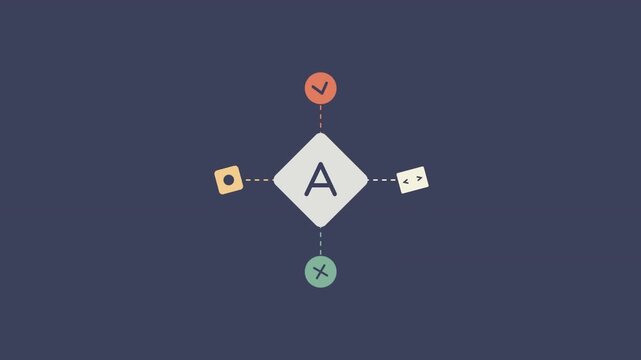 A graphic illustration shows a central diamond shape with a letter connected to various small icons.
