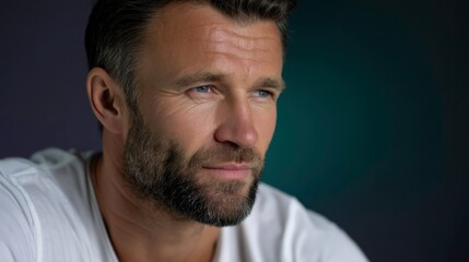 Fototapeta premium Candid portrait of a thoughtful man indoor setting photography soft lighting close-up human emotions