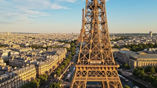Iconic Eiffel Tower Paris France Aerial View Daytime.