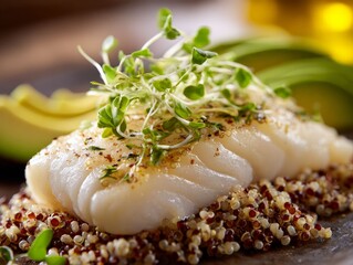 Delicate Cuisine: An artful composition of a perfectly cooked fish fillet, served atop a bed of tricolor quinoa. garnished with microgreens and avocado slices, representing health and gourmet taste.