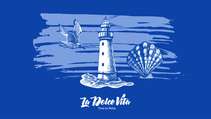 Vintage summer sea background. Retro sketch coastal vacation banner. Hand drawn vector illustration. © pim