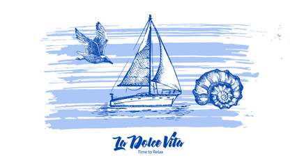 Vintage summer sea background. Retro sketch coastal vacation banner. Hand drawn vector illustration. © pim