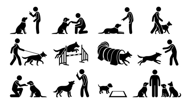 Dog Training Silhouettes Set - Black Vector Obedience, Agility and Behavior Icons