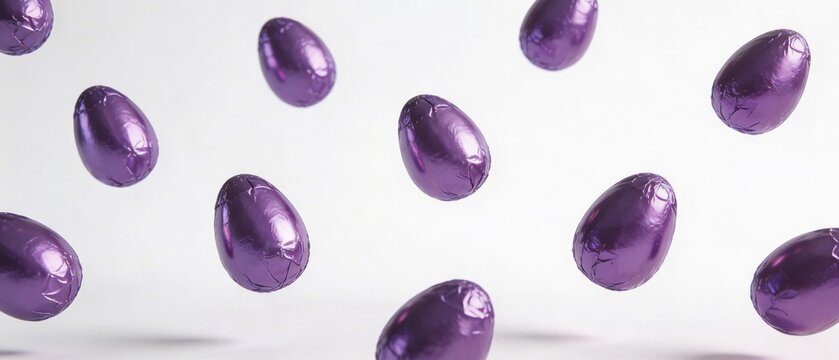 Floating purple foil wrapped chocolate Easter eggs on a light background. Flying sweet candy banner template with copy space.