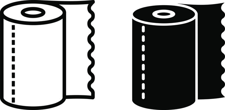 Toilet paper roll icons in outlined and solid black design, featuring perforated sheets and wavy edges, symbolizing hygiene, bathroom essentials, and modern graphic art.