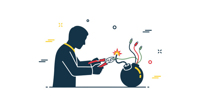 Man defusing a bomb with pliers.